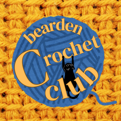 Logo for the Bearden Crochet Club featuring a black cat playing with a blue ball of yarn on top of crocheted, yellow yarn. 