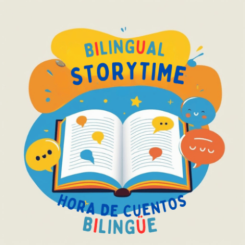 An inviting bilingual storytime logo with an open book.