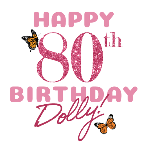 Glittery pink words reading "Happy 80th Birthday, Dolly!"