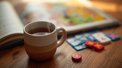 A cup of steaming tea near some board game pieces.