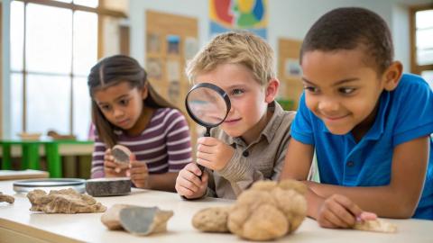 children looking at fossils
