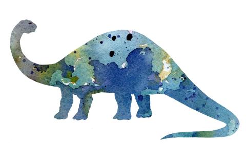 Brontosaurus painted with watercolors in shades of blues and greens.s