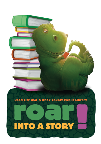 Dinosaur reading a book, leaning against a stack of books.