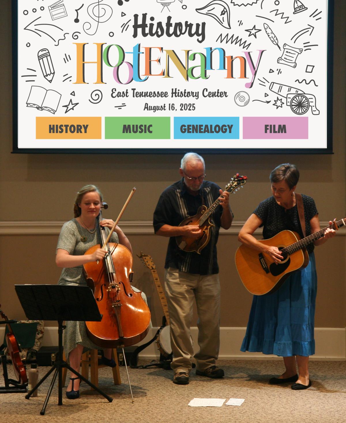 musicians play in front of a screen reading History Hootenanny