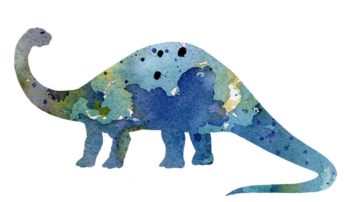 Brontosaurus painted with watercolors in shades of blues and greens.s