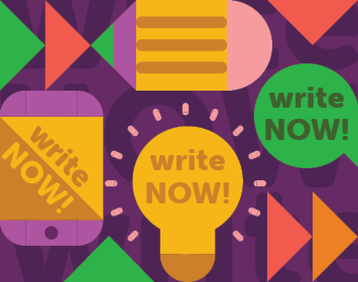 Write Now! graphic featuring pencil, lightbulb, mobile device, and chat bubble graphics