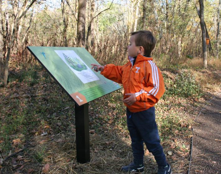 little boy points at and reads storybook trail panel
