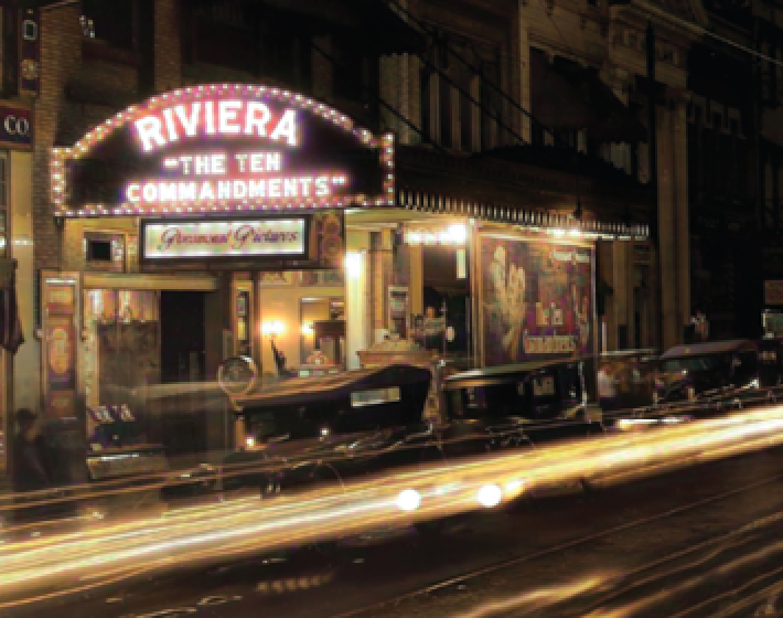 early 1900s image of the Riviera Theater on Gay Street with marquee sign showing "The Ten Commandments" Paramount Pictures