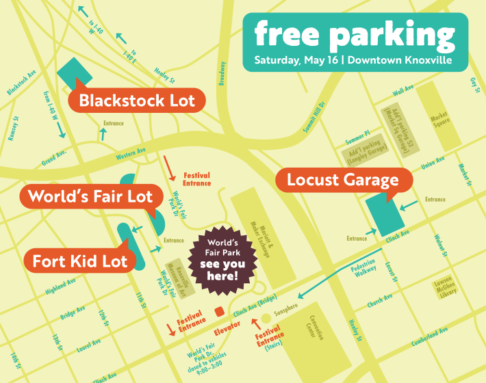 map of downtown Knoxville indicating parking for World's Fair Park