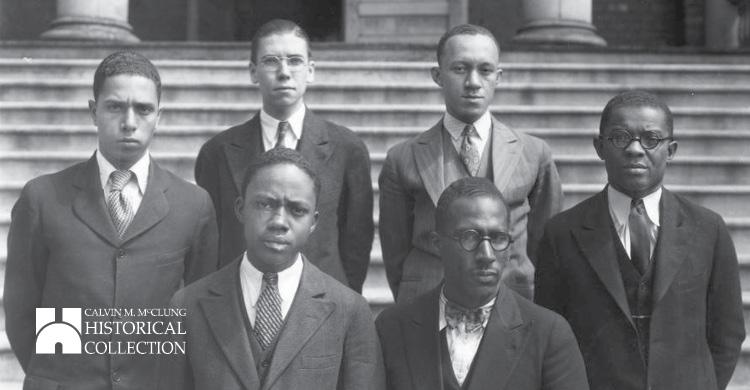 Calvin M. McClung Digital Collection - photo of six of African American males in front of a building with classical architecture, dressed in suits, ca. 1920s from cmdc.knoxlib.org