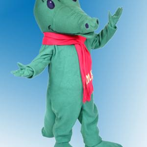 mascot costume of green crocodile wearing a red scarf