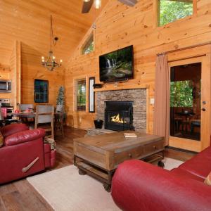 Living room of a cabin with read leather furniture a fireplace and flat screen television