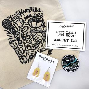 photo of printed tote bag, Dolly illustration earrings and "Gift Card for you! Amount $50"