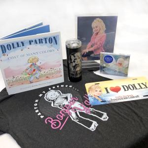 photo of Dolly Parton t-shirt, autographed photo, I heart Dolly license plate, Coat of Many Colors children's book