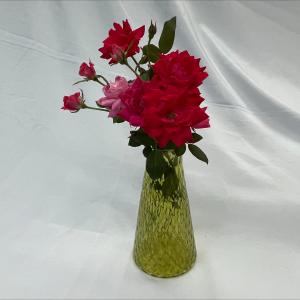 Green glass vase with light and dark pink knock-out roses